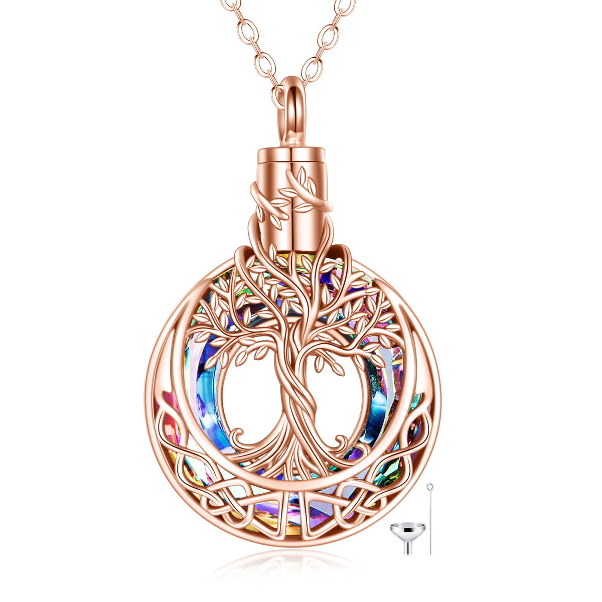 Plata de ley con baño de oro rosa Cristal Árbol de la Vida y Celtic Knot Urn collar-1