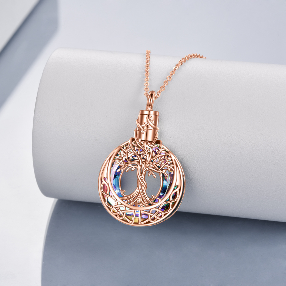 Urnenkette für Asche aus Sterlingsilber mit rosévergoldetem Kristall, Lebensbaum, keltischer Knoten-3