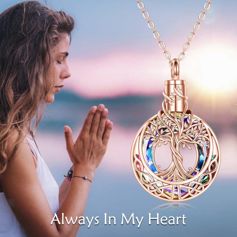 Sterling Silver with Rose Gold Plated Crystal Tree Of Life & Celtic Knot Urn Necklace for Ashes-6