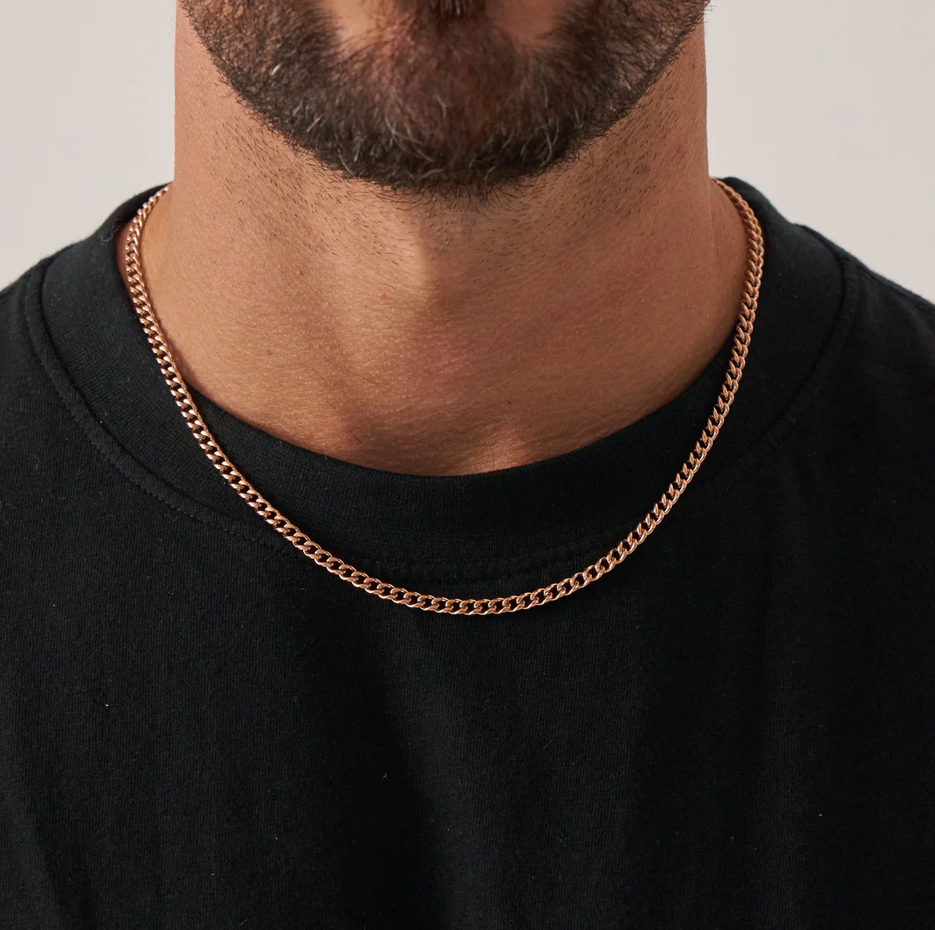 Cadena de eslabones cubanos de plata de ley con baño de oro rosa para hombre de 4 mm-2