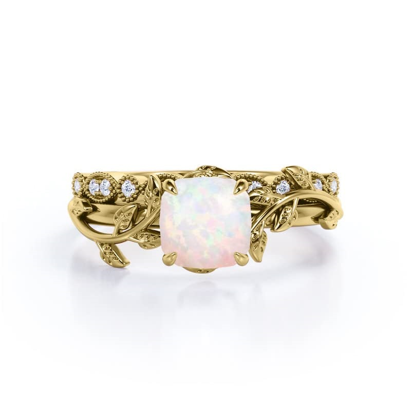 Aliança de casamento em prata esterlina com folhas de opala em formato de almofada banhada a ouro rosa-3