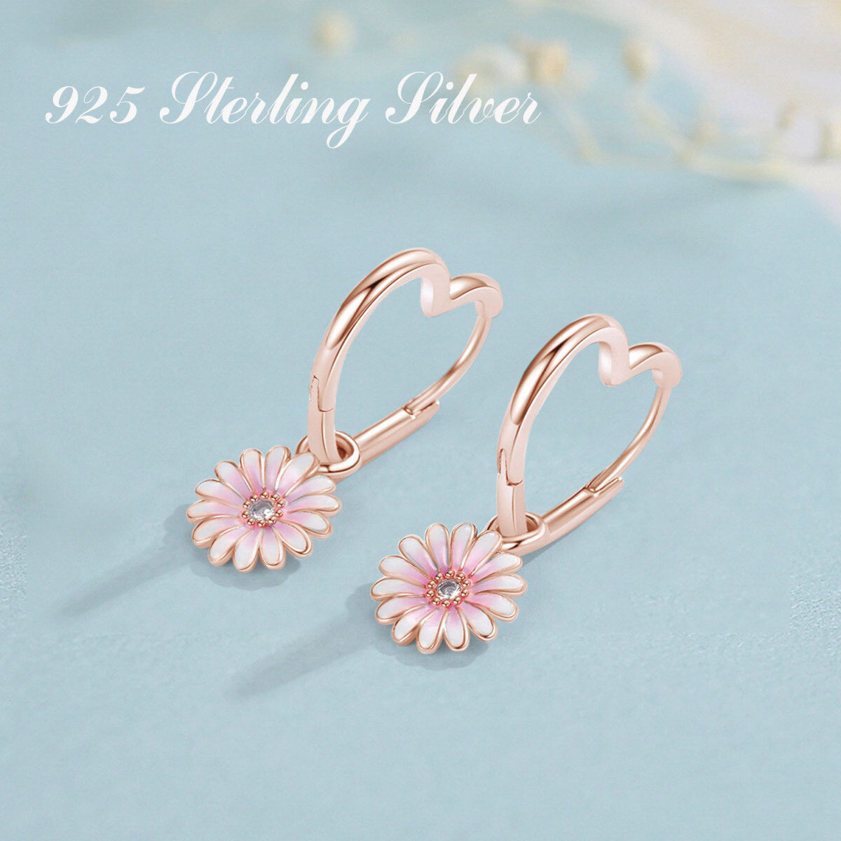 Sterling Silver with Rose Gold Plated Daisy Stud Earrings-6