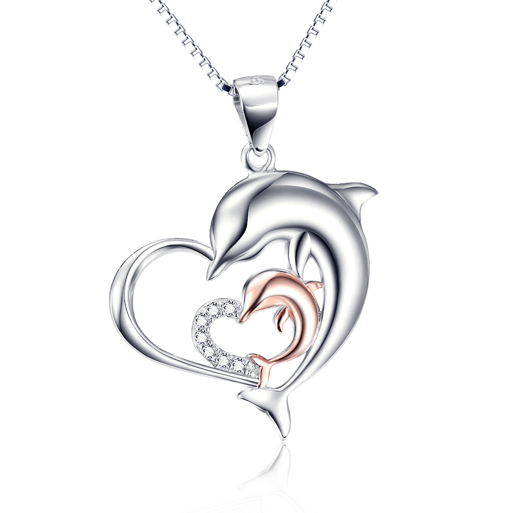 Sterling Silver Two-tone Cubic Zirconia Dolphin & Heart Pendant Necklace-1