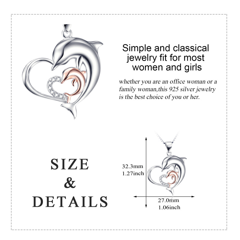 Sterling Silver Two-tone Cubic Zirconia Dolphin & Heart Pendant Necklace-4
