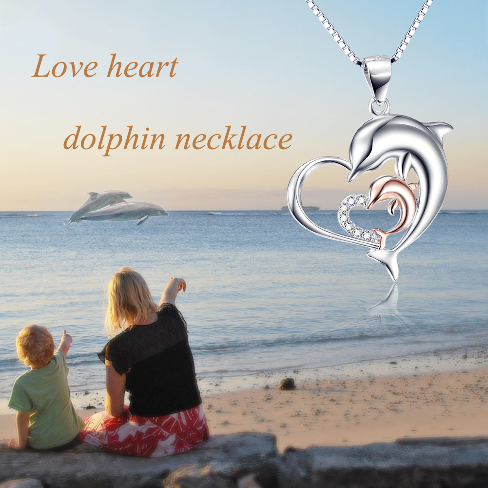 Sterling Silver Two-tone Cubic Zirconia Dolphin & Heart Pendant Necklace-5