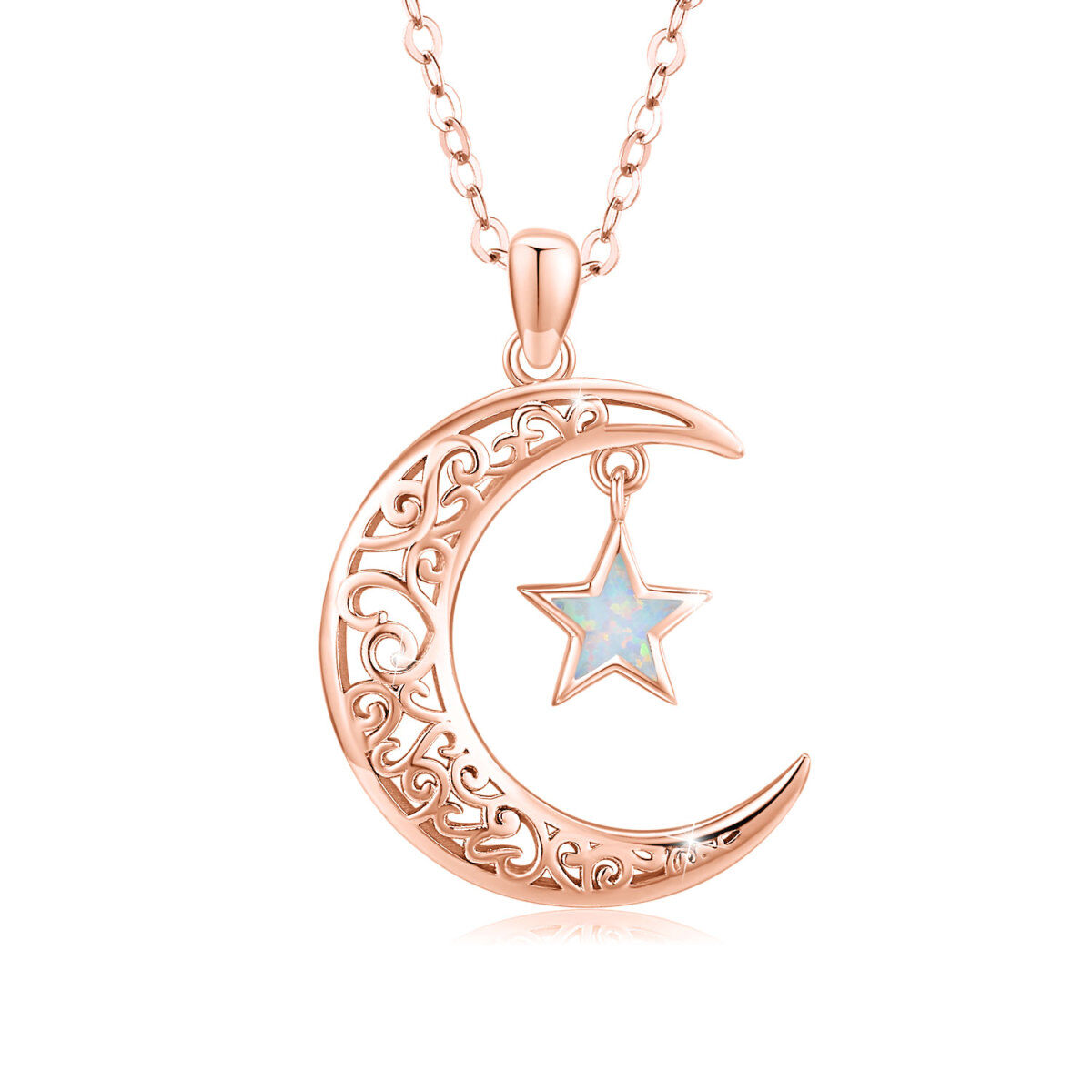 Sterling Silver with Rose Gold Plated Five-Pointed Star Shaped Opal Moon & Star Pendant Necklace-1