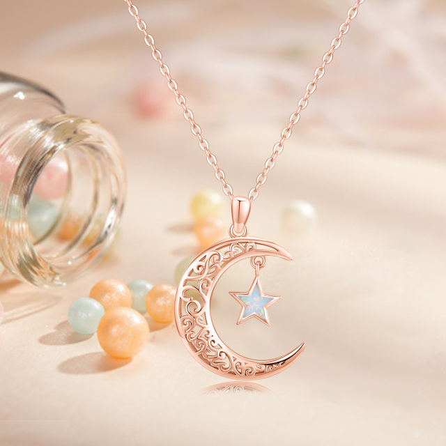 Sterling Silver with Rose Gold Plated Five-Pointed Star Shaped Opal Moon & Star Pendant Necklace-3