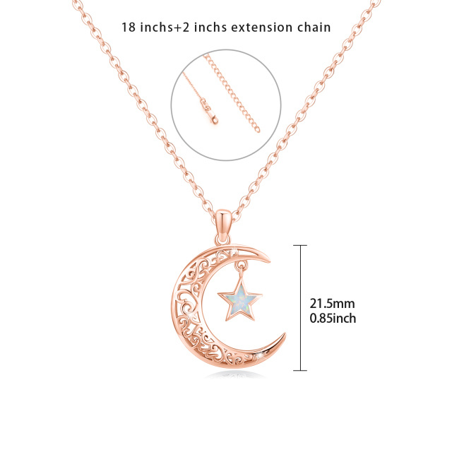 Sterling Silver with Rose Gold Plated Five-Pointed Star Shaped Opal Moon & Star Pendant Necklace-4