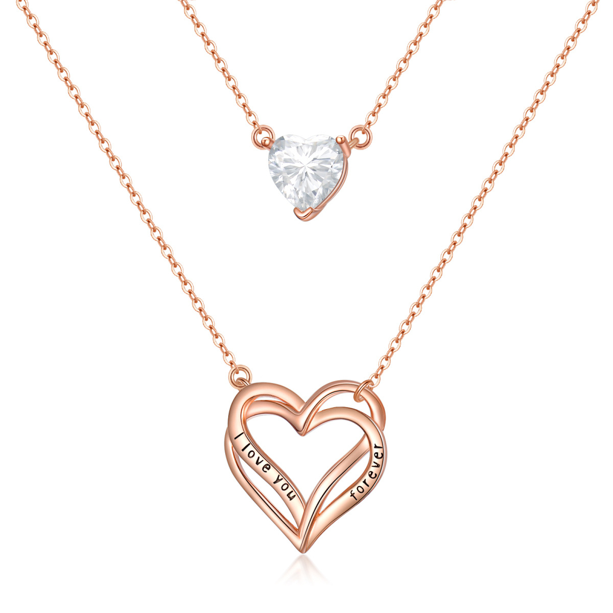 Sterling Silver with Rose Gold Plated Heart Layered Necklace with Engraved Word-1