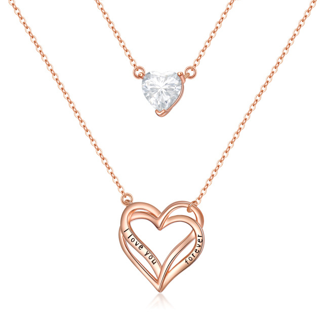 Sterling Silver with Rose Gold Plated Heart Layered Necklace with Engraved Word-1