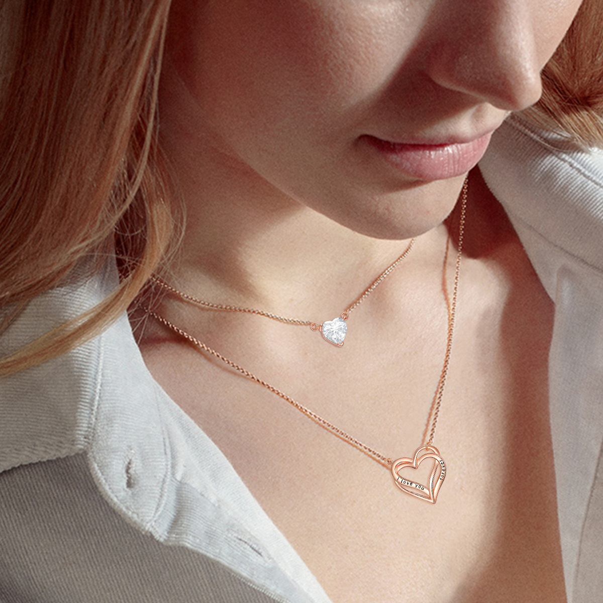 Sterling Silver with Rose Gold Plated Heart Layered Necklace with Engraved Word-2