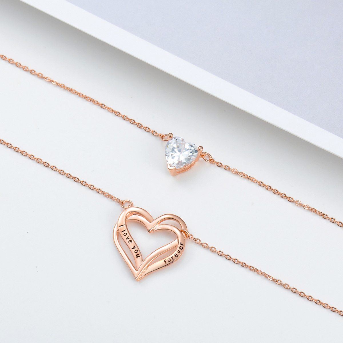 Sterling Silver with Rose Gold Plated Heart Layered Necklace with Engraved Word-3