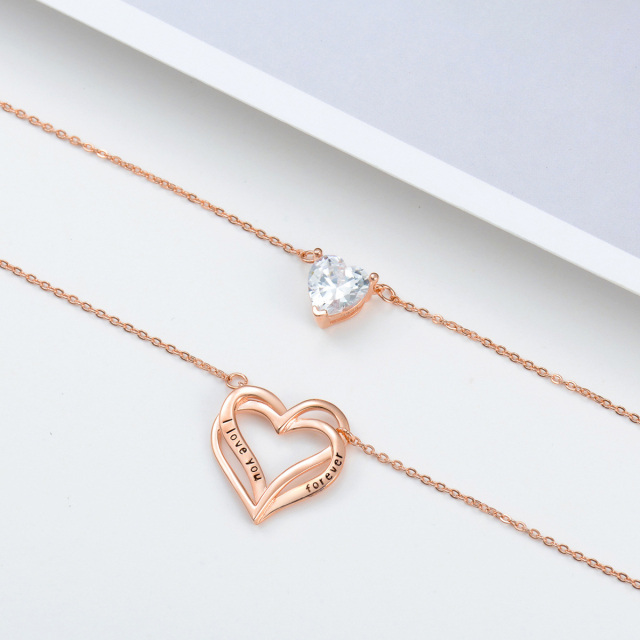 Sterling Silver with Rose Gold Plated Heart Layered Necklace with Engraved Word-3