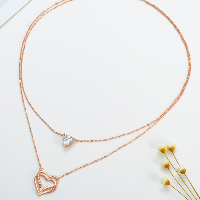 Sterling Silver with Rose Gold Plated Heart Layered Necklace with Engraved Word-4