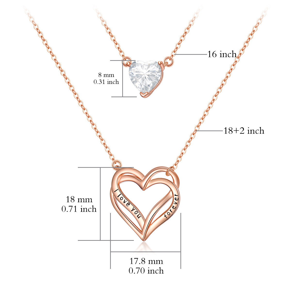 Sterling Silver with Rose Gold Plated Heart Layered Necklace with Engraved Word-5