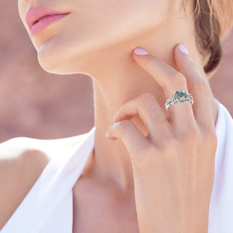 Anillo de plata de ley con grabado personalizado de ágata musgosa en forma de corazón bañado en oro rosa para mujer-2