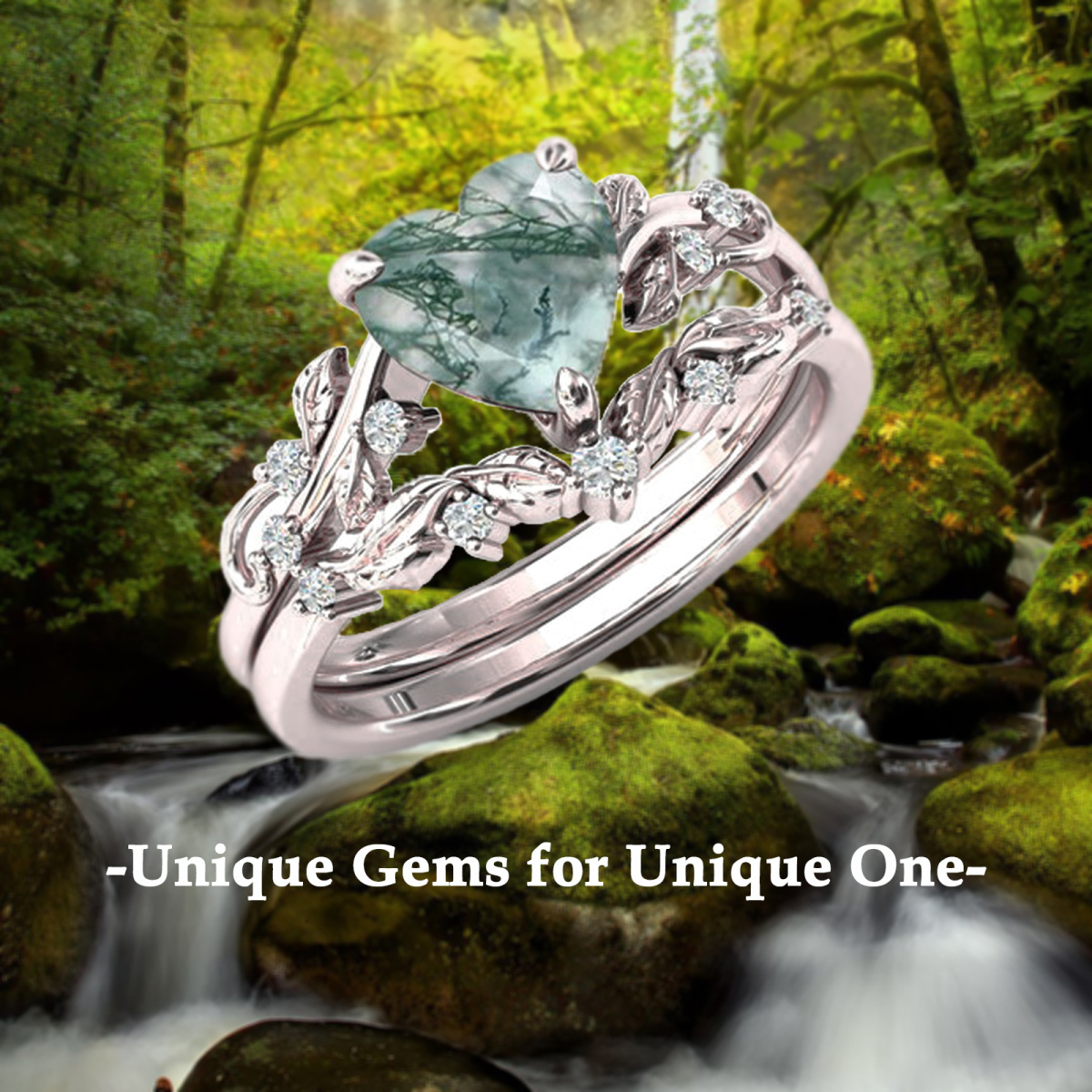 Sterling Silver With Rose Gold Plated Heart Moss Agate Personalised Engraving Ring For Women-3