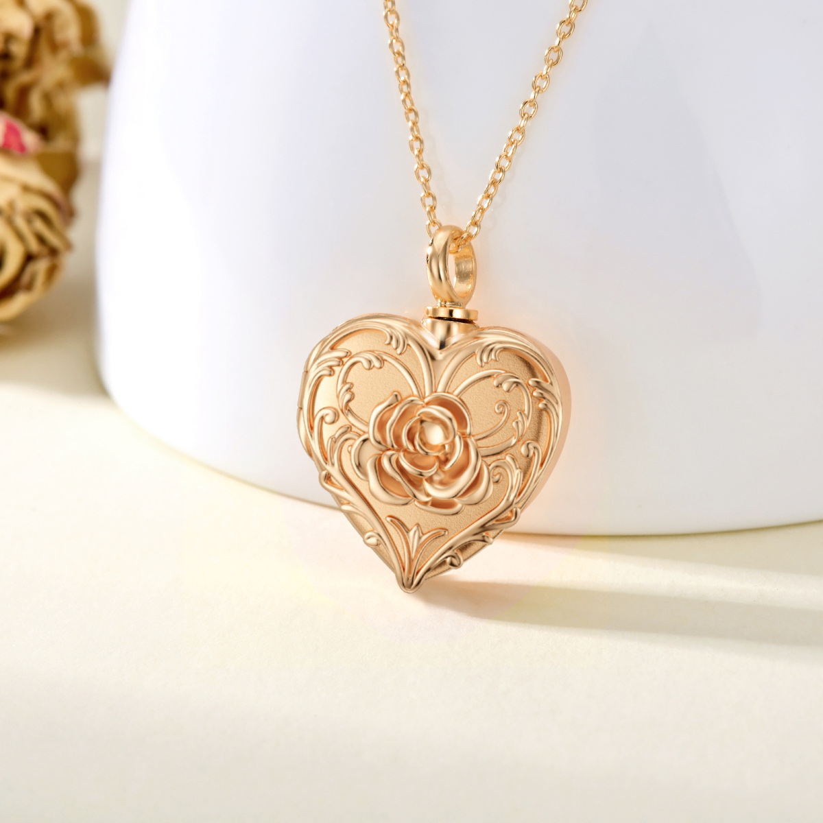 Plata de ley con rosa chapada en oro rosa con corazón grabado personalizado collar de urna de cremación para cenizas para mujeres mejor amiga-3