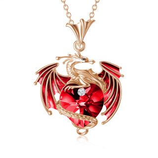 Sterling Silver with Rose Gold Plated Heart Shaped Crystal Dragon & Heart Pendant Necklace-49