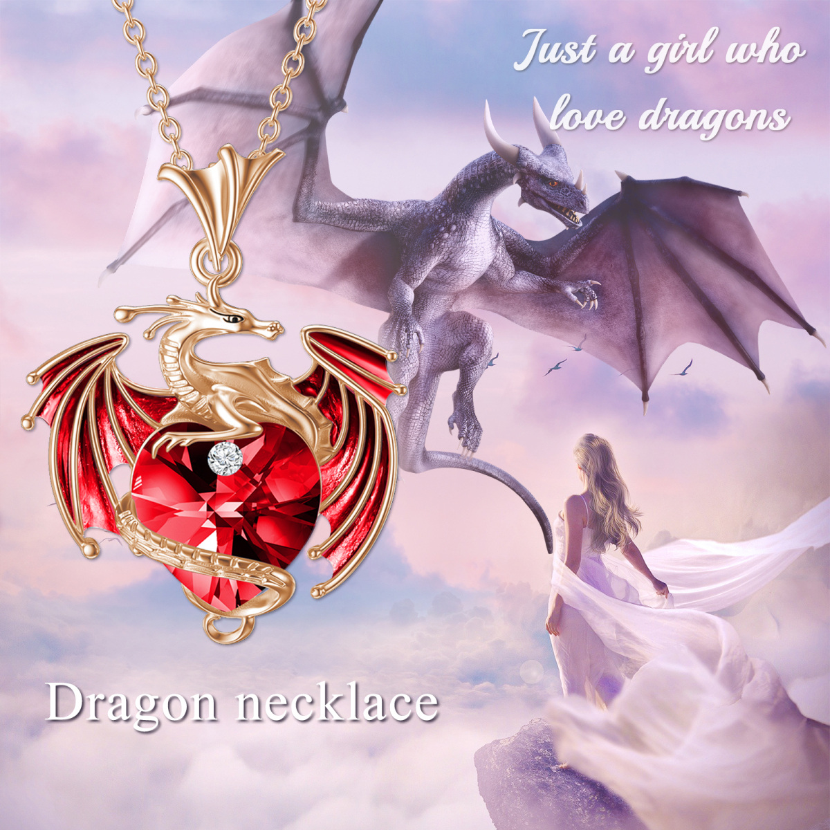 Sterling Silver with Rose Gold Plated Heart Shaped Crystal Dragon & Heart Pendant Necklace-5