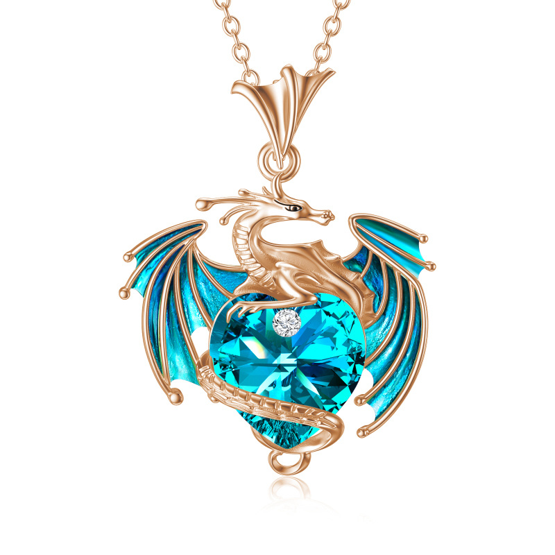 Sterling Silver with Rose Gold Plated Heart Shaped Crystal Dragon & Heart Pendant Necklace-1