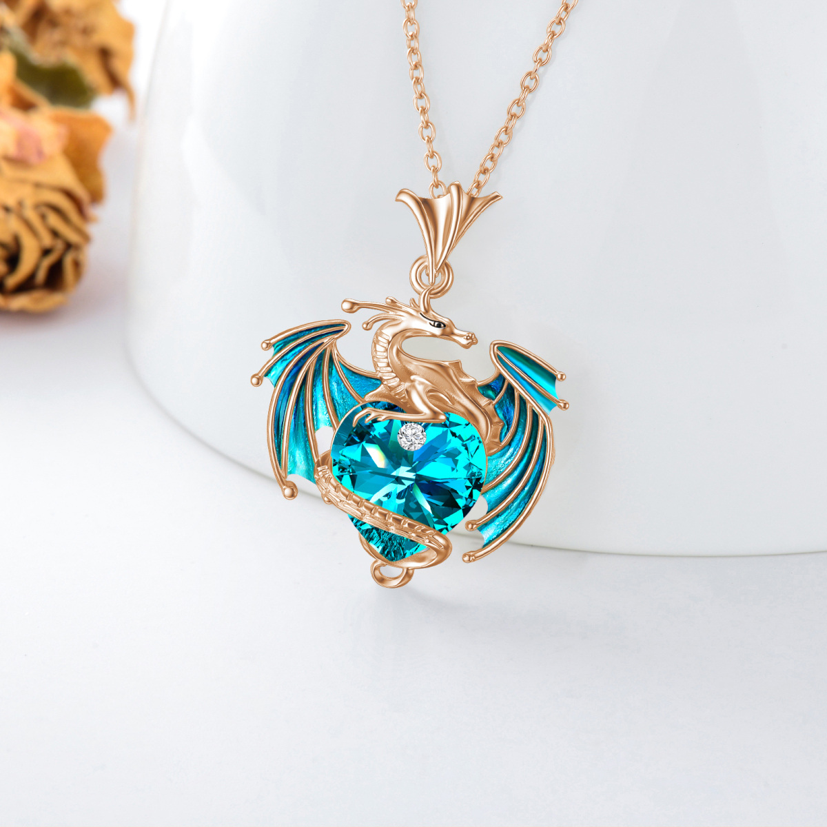 Sterling Silver with Rose Gold Plated Heart Shaped Crystal Dragon & Heart Pendant Necklace-3