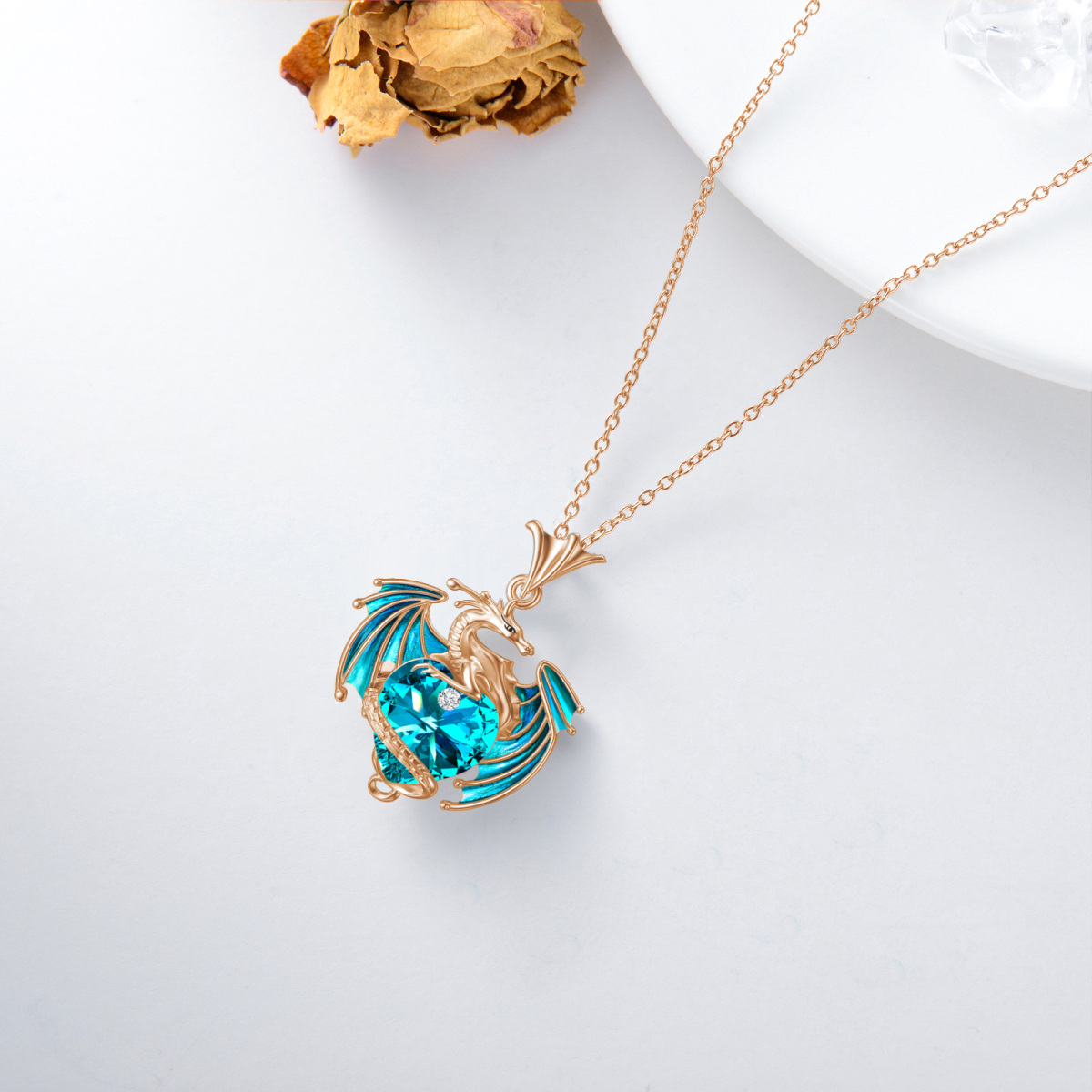 Sterling Silver with Rose Gold Plated Heart Shaped Crystal Dragon & Heart Pendant Necklace-4