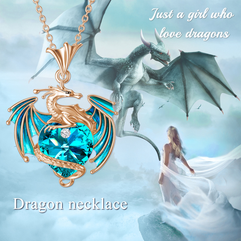 Sterling Silver with Rose Gold Plated Heart Shaped Crystal Dragon & Heart Pendant Necklace-5