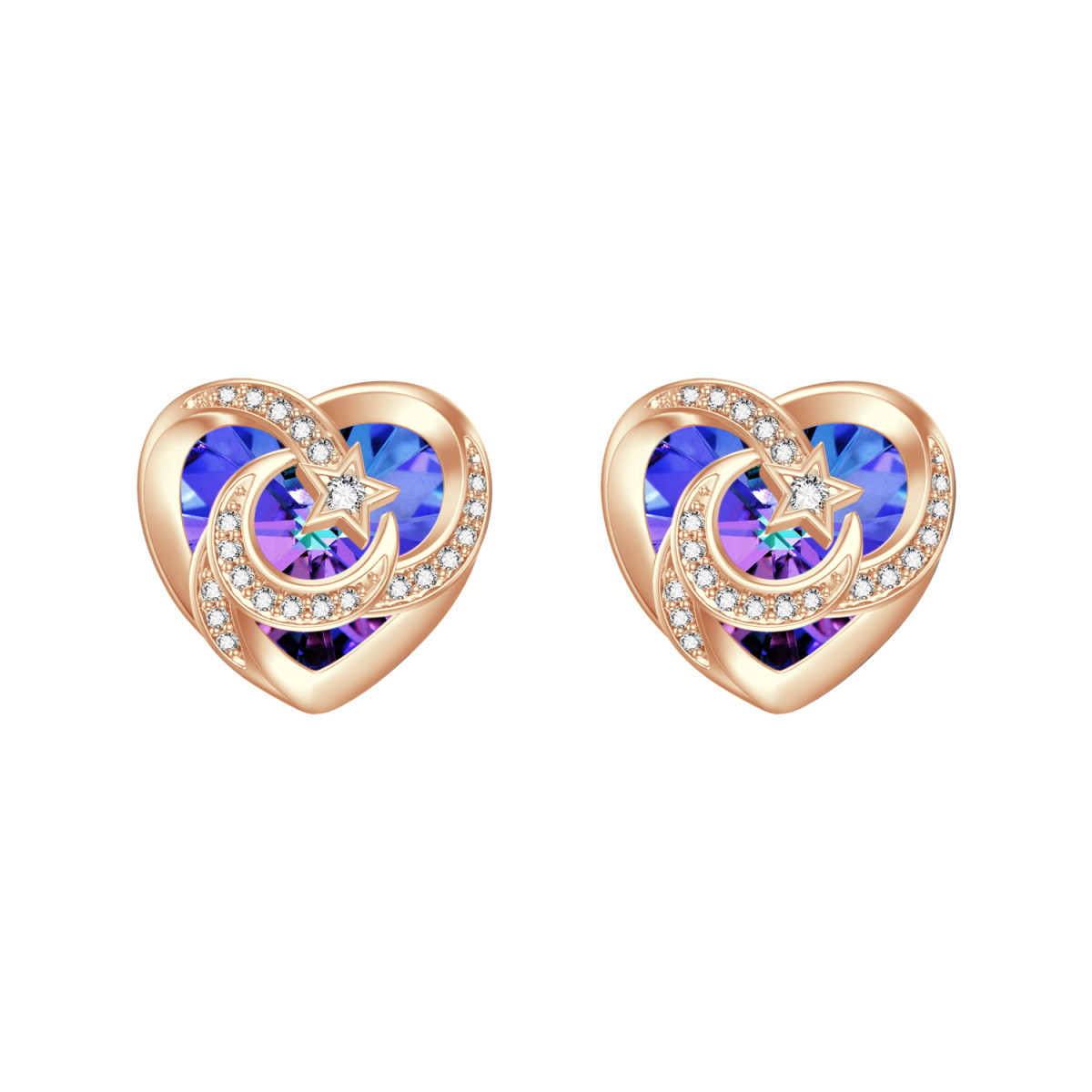 Sterling Silver with Rose Gold Plated Heart Shaped Crystal Heart & Moon & Star Stud Earrings-1