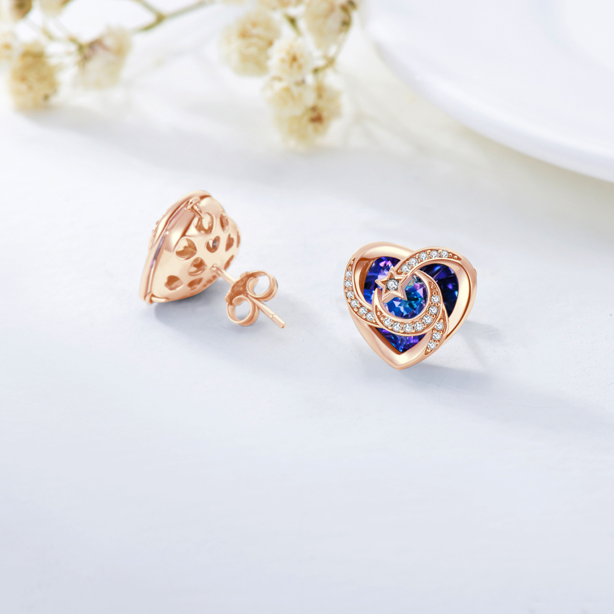 Pendientes de plata de ley con baño de oro rosa y cristal en forma de corazón y luna y est-2