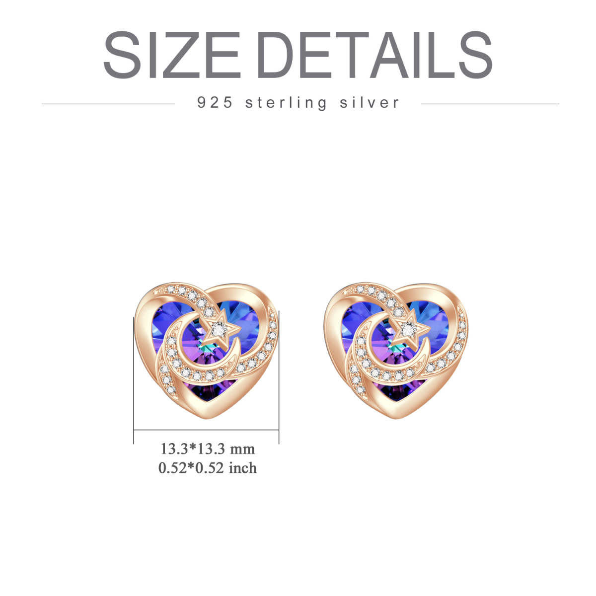 Sterling Silver with Rose Gold Plated Heart Shaped Crystal Heart & Moon & Star Stud Earrings-3