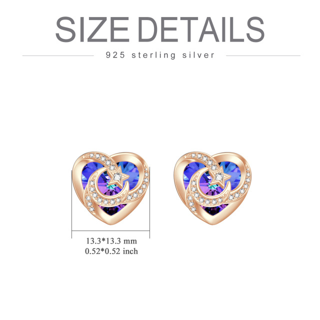 Sterling Silver with Rose Gold Plated Heart Shaped Crystal Heart & Moon & Star Stud Earrings-3