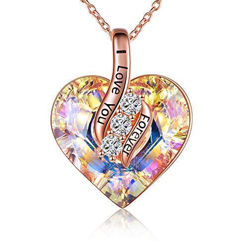 Sterling Silver with Rose Gold Plated Heart Shaped Crystal & Cubic Zirconia Heart Pendant Necklace with Engraved Word-1