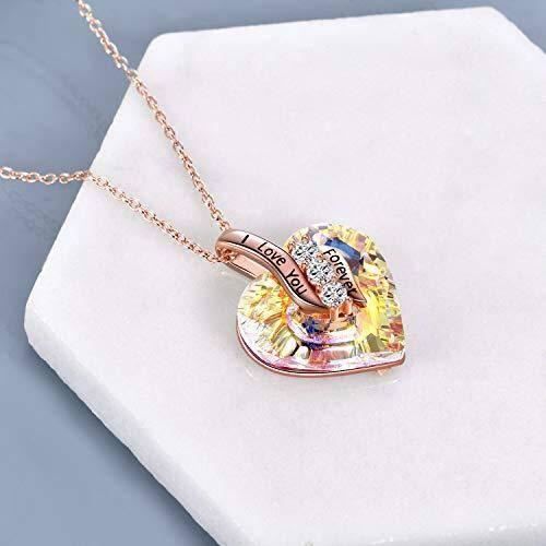 Sterling Silver with Rose Gold Plated Heart Shaped Crystal & Cubic Zirconia Heart Pendant Necklace with Engraved Word-4