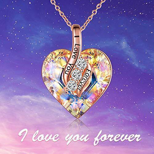 Sterling Silver with Rose Gold Plated Heart Shaped Crystal & Cubic Zirconia Heart Pendant Necklace with Engraved Word-6