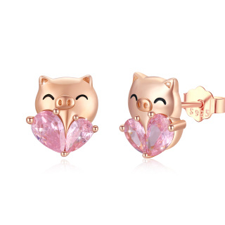 Sterling Silver with Rose Gold Plated Heart Shaped Crystal Pig Stud Earrings-8