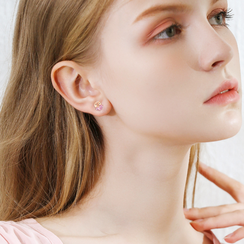 Orecchini in argento 925 con placcatura in oro rosa a forma di cuore e di maiale in cristallo-3