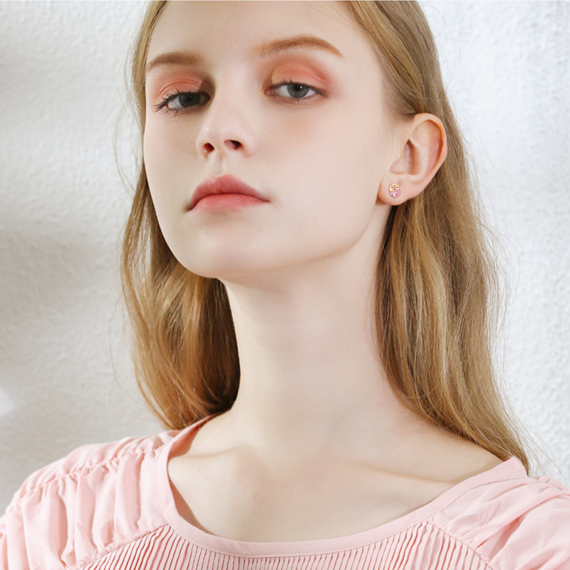 Orecchini in argento 925 con placcatura in oro rosa a forma di cuore e di maiale in cristallo-4