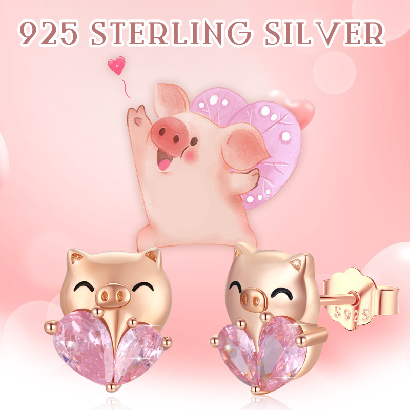 Orecchini in argento 925 con placcatura in oro rosa a forma di cuore e di maiale in cristallo-6