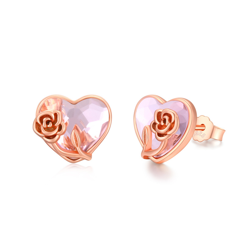 Orecchini a bottone da donna in argento sterling con cuore placcato oro rosa con rosa di cristallo-18
