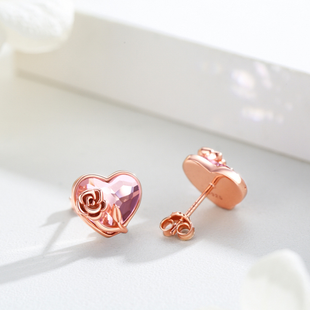 Sterling zilver met rosévergulde hartkristallen roosoorknopjes voor dames-4