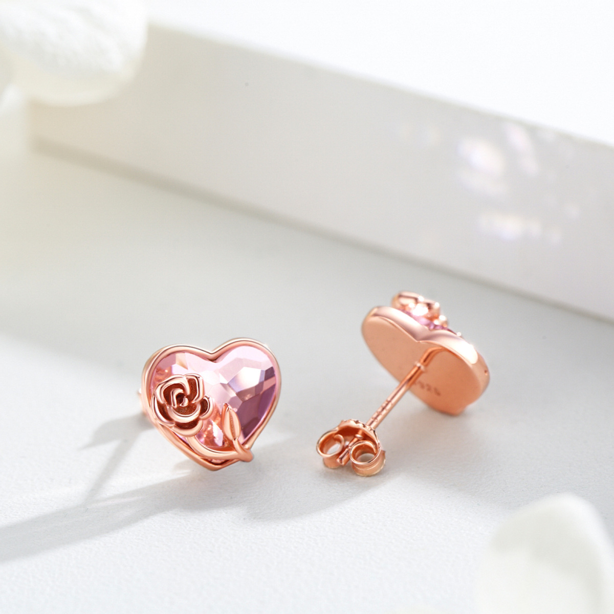 Pendientes de plata de ley con forma de corazón chapado en oro rosa con forma de rosa y cristal para mujer-4