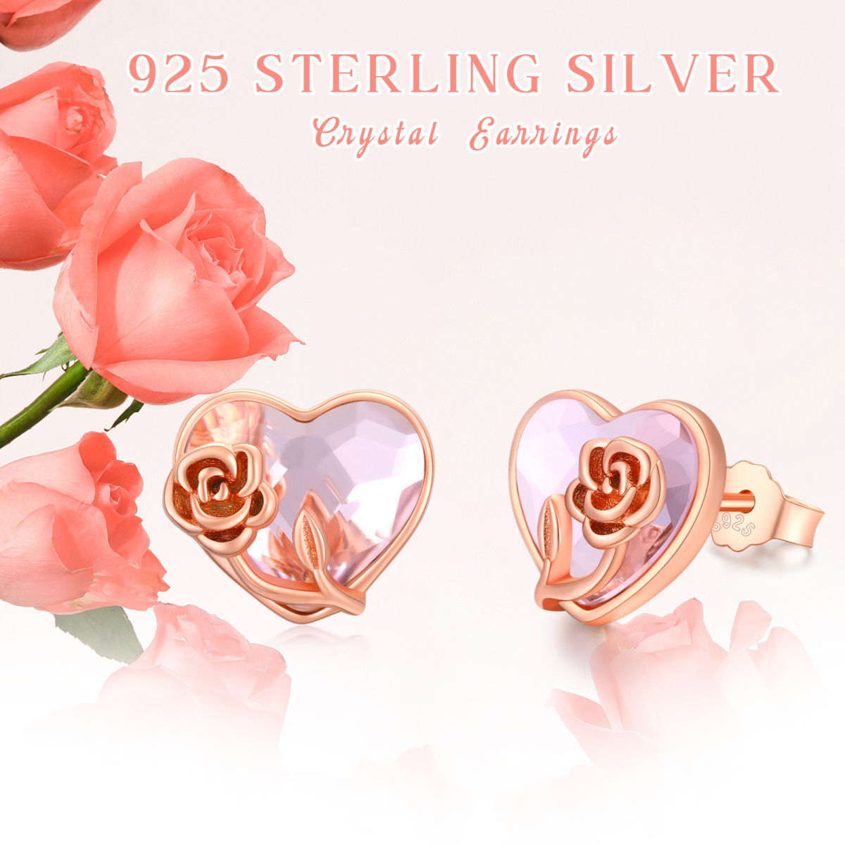 Pendientes de plata de ley con forma de corazón chapado en oro rosa con forma de rosa y cristal para mujer-5