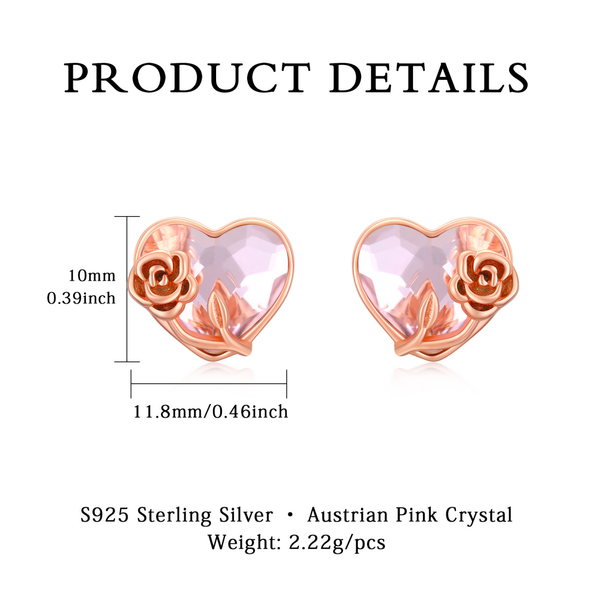 Pendientes de plata de ley con forma de corazón chapado en oro rosa con forma de rosa y cristal para mujer-6