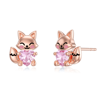 Sterling Silver with Rose Gold Plated Heart Shaped Cubic Zirconia Fox Stud Earrings-37