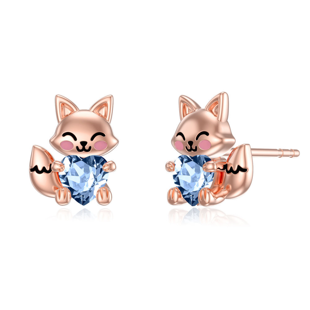 Sterling Silver with Rose Gold Plated Heart Shaped Cubic Zirconia Fox Stud Earrings-1