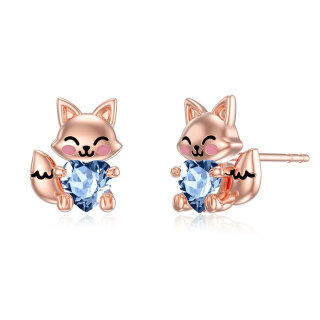 Sterling Silver with Rose Gold Plated Heart Shaped Cubic Zirconia Fox Stud Earrings-18