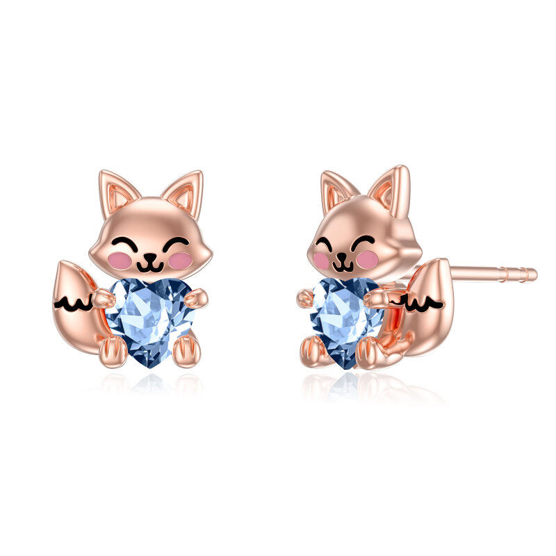 Sterling Silver with Rose Gold Plated Heart Shaped Cubic Zirconia Fox Stud Earrings-3