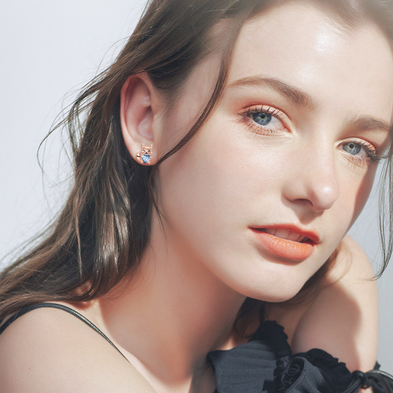 Sterling Silver with Rose Gold Plated Heart Shaped Cubic Zirconia Fox Stud Earrings-3