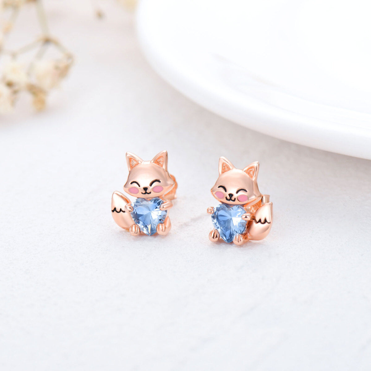 Sterling zilver met roségoud vergulde hartvormige cubic zirconia vos oorbellen-4